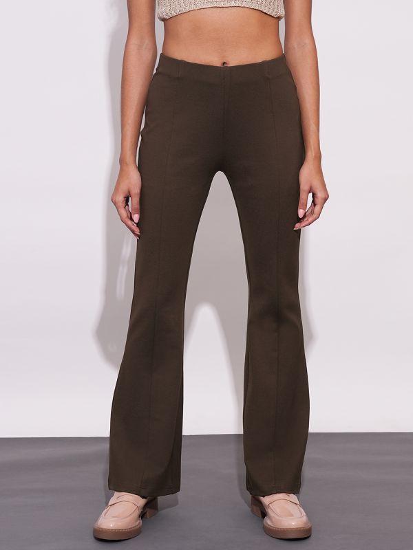Globus Women Brown Stretchable Mid-Rise Workwear Bootcut Treggings