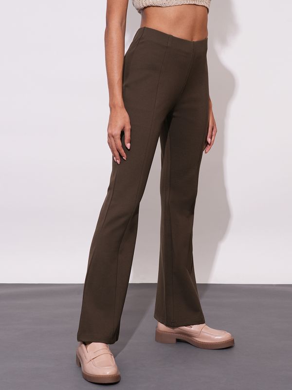 Globus Women Brown Stretchable Mid-Rise Workwear Bootcut Treggings