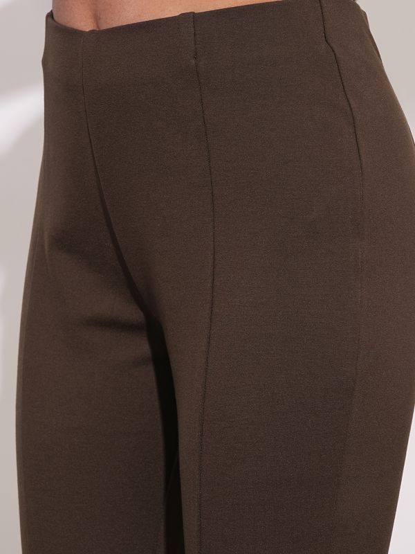 Globus Women Brown Stretchable Mid-Rise Workwear Bootcut Treggings