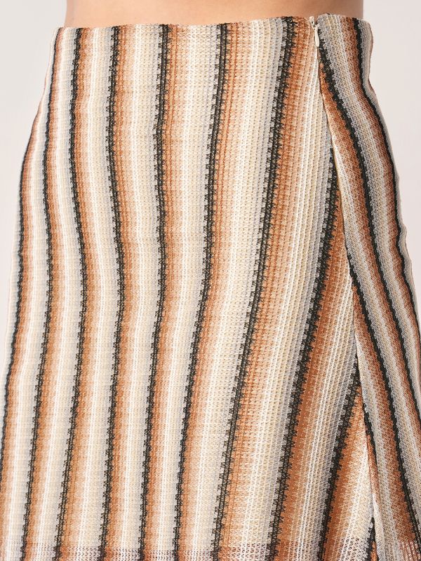 Globus Women Off White Striped Crochet Mid Rise Midi Straight Skirt
