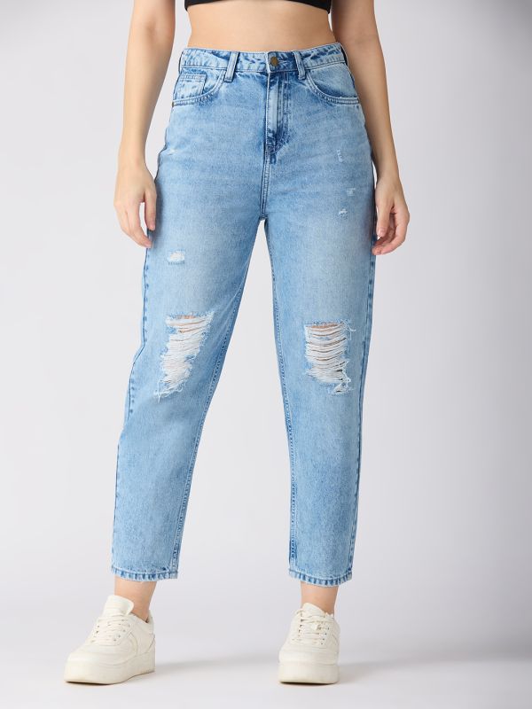 Globus Women Med Blue Slash Knee Distress High-Rise Barrel Fit Jeans