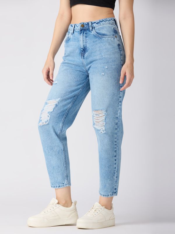 Globus Women Med Blue Slash Knee Distress High-Rise Barrel Fit Jeans