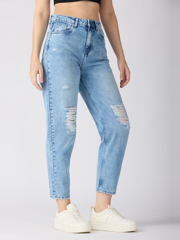 Globus Women Med Blue Slash Knee Distress High-Rise Barrel Fit Jeans