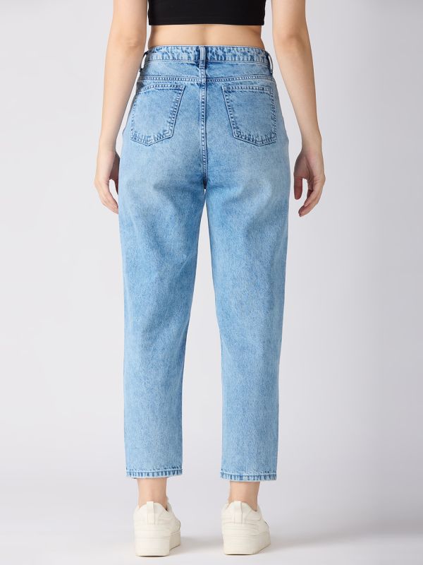 Globus Women Med Blue Slash Knee Distress High-Rise Barrel Fit Jeans