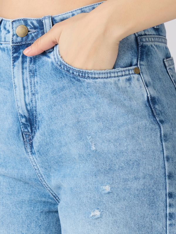Globus Women Med Blue Slash Knee Distress High-Rise Barrel Fit Jeans