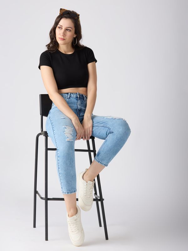 Globus Women Med Blue Slash Knee Distress High-Rise Barrel Fit Jeans