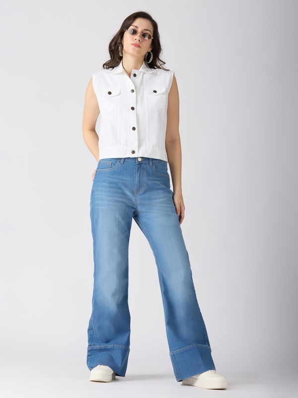 Globus Women Light Blue Cotton Stretch Solid Mid-Rise Wide Bottom Hem Bootcut Jeans