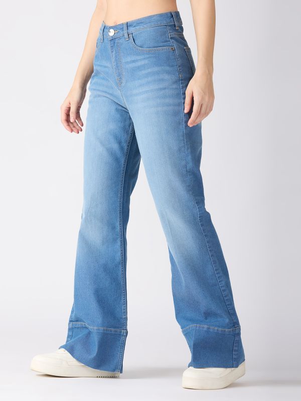 Globus Women Light Blue Cotton Stretch Solid Mid-Rise Wide Bottom Hem Bootcut Jeans