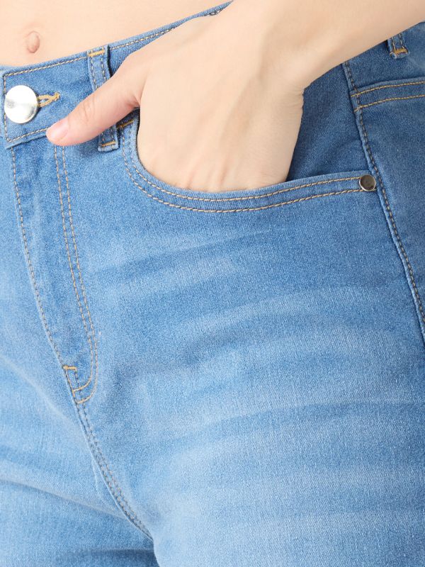 Globus Women Light Blue Cotton Stretch Solid Mid-Rise Wide Bottom Hem Bootcut Jeans