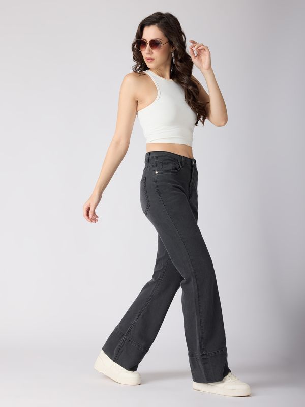 Globus Women Charcoal Cotton Stretch Solid Mid-Rise Wide Bottom Hem Bootcut Jeans