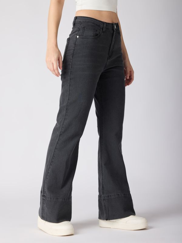 Globus Women Charcoal Cotton Stretch Solid Mid-Rise Wide Bottom Hem Bootcut Jeans