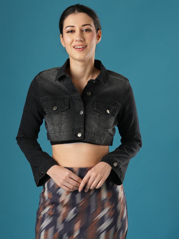 Globus Women Black Spread Collar Button Down Cropped Denim Jacket
