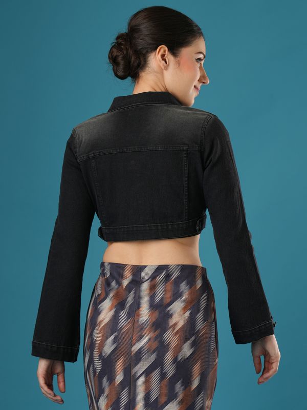 Globus Women Black Spread Collar Button Down Cropped Denim Jacket