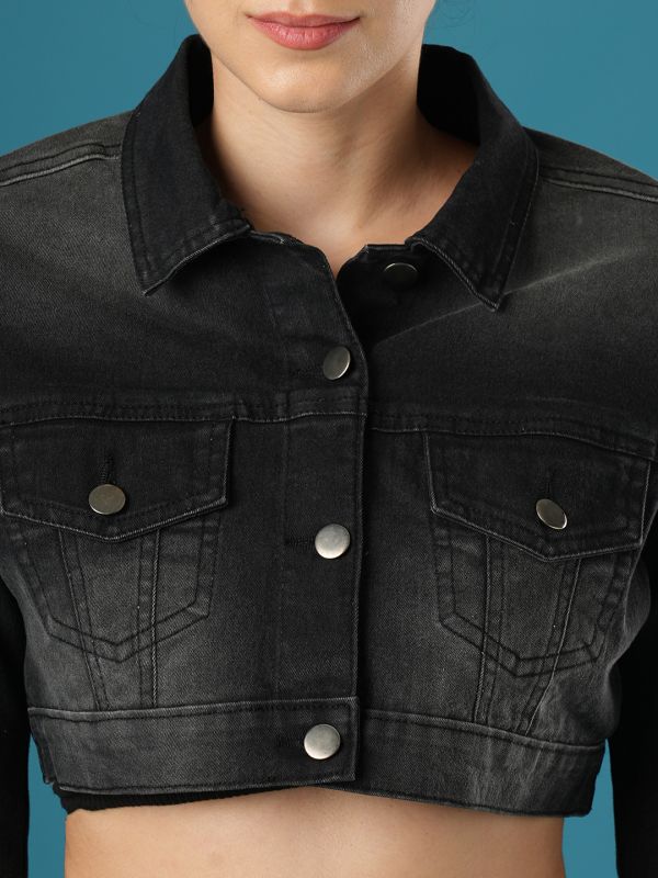 Globus Women Black Spread Collar Button Down Cropped Denim Jacket