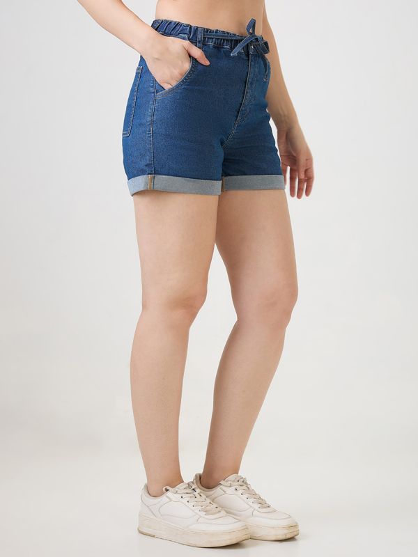 Globus Women Med Blue Slim Fit Mid-Rise Drawstring Closure Denim Shorts