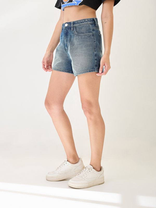 Globus Women Med Blue Slim Fit Mid-Rise Above Knee Denim Shorts