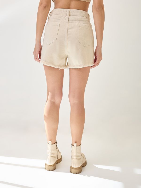 Globus Women Beige Slim Fit Mid-Rise Frayed Hem Denim Shorts