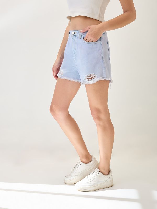 Globus Women Light Blue Slim Fit Mid-Rise Distressed & Frayed Hem Denim Shorts