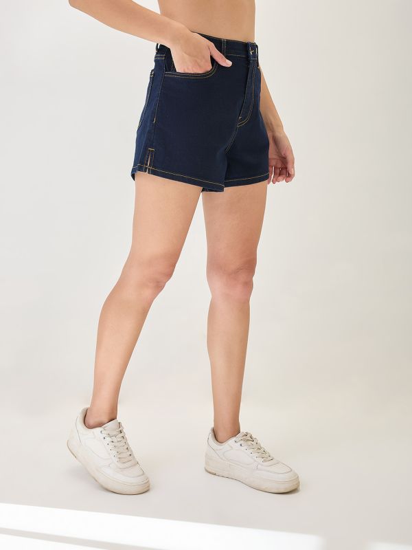 Globus Women Dark Blue Slim Fit Mid-Rise Denim Shorts