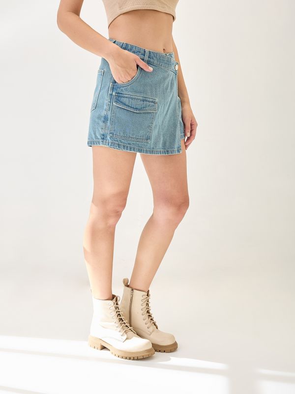 Globus Women Light Blue Slim Fit Mid-Rise Front Pocket Denim Skorts