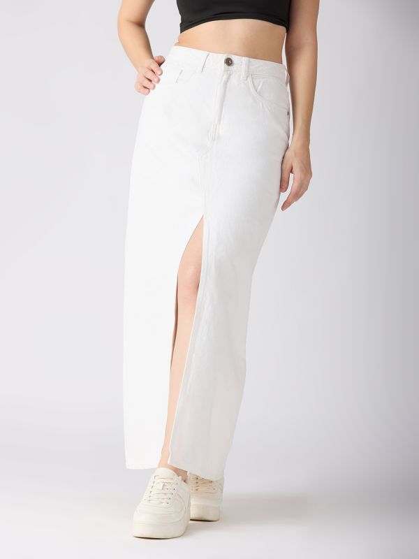 Globus Women White Solid Mid-Rise Front Slit Straight Maxi Denim Skirt