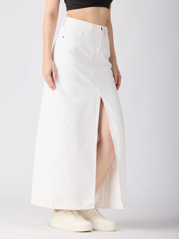 Globus Women White Solid Mid-Rise Front Slit Straight Maxi Denim Skirt