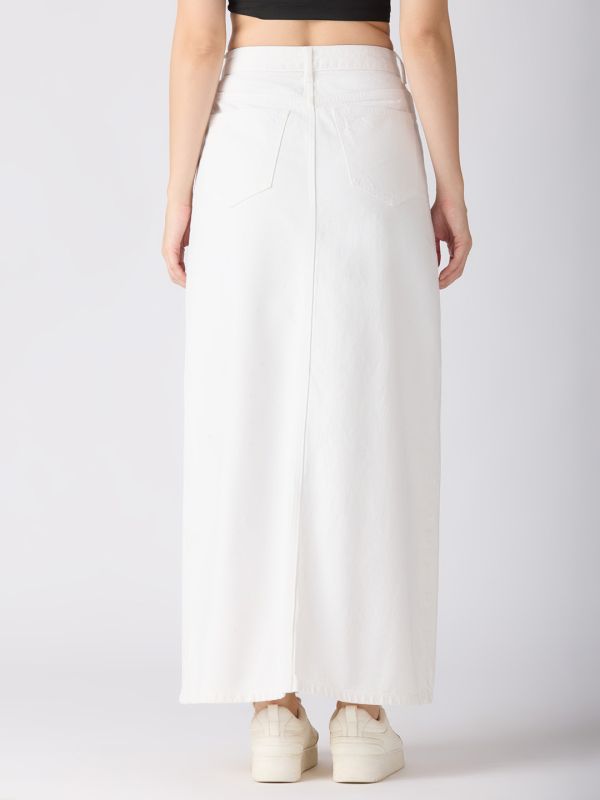 Globus Women White Solid Mid-Rise Front Slit Straight Maxi Denim Skirt
