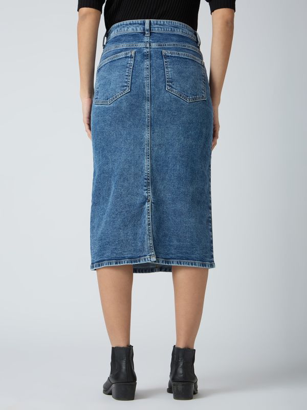 Globus Women Med Blue Stretchable Solid Mid-Rise Back Slit Midi Denim Pencil Skirt