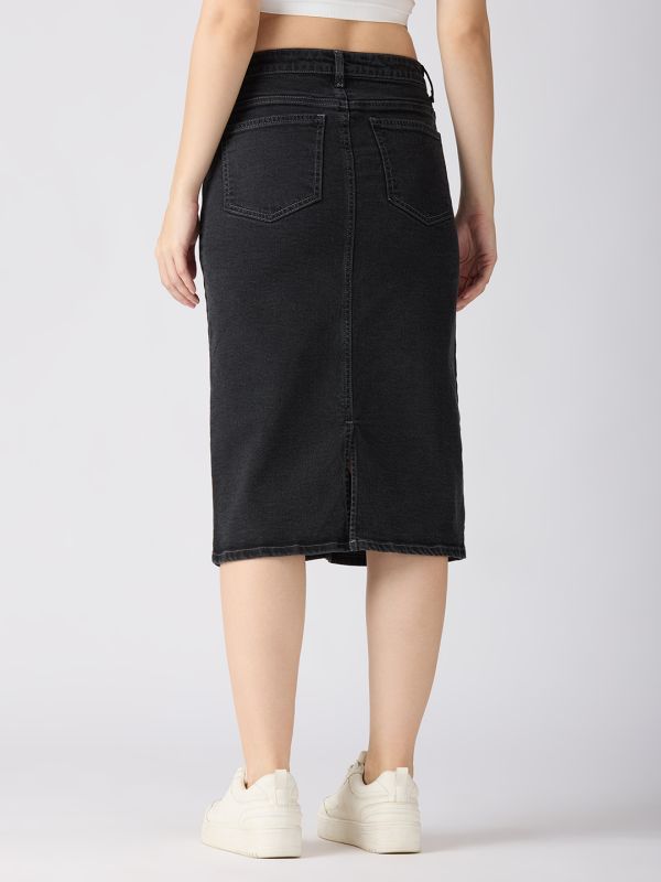 Globus Women Charcoal Stretchable Solid Mid-Rise Back Slit Midi Denim Pencil Skirt