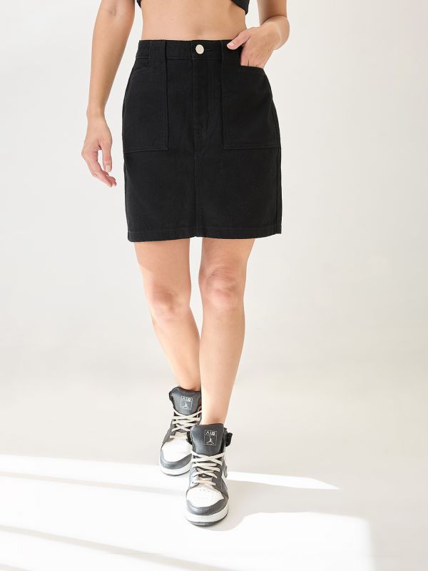Globus Women Black Cotton Mid Rise Pocket Detail Mini Denim Skirt