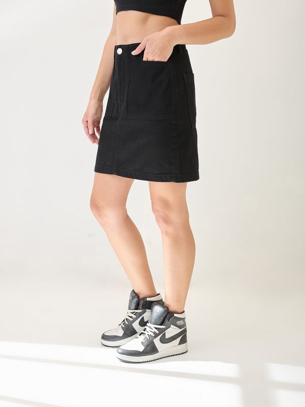Globus Women Black Cotton Mid Rise Pocket Detail Mini Denim Skirt