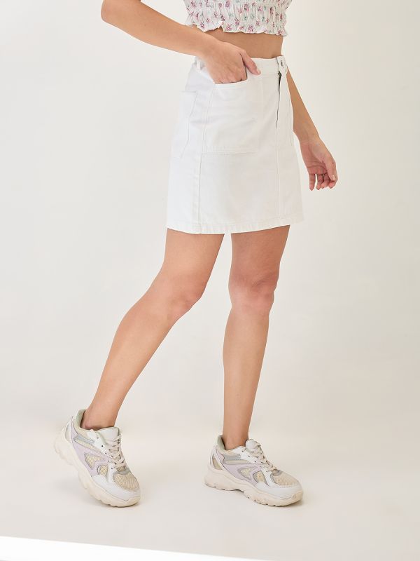 Globus Women White Cotton Mid Rise Pocket Detail Mini Denim Skirt