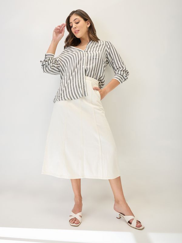 Globus Women White Mid Rise Panelled A-Line Midi Denim Skirt
