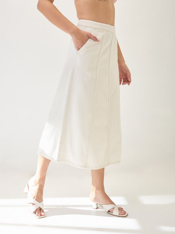 Globus Women White Mid Rise Panelled A-Line Midi Denim Skirt