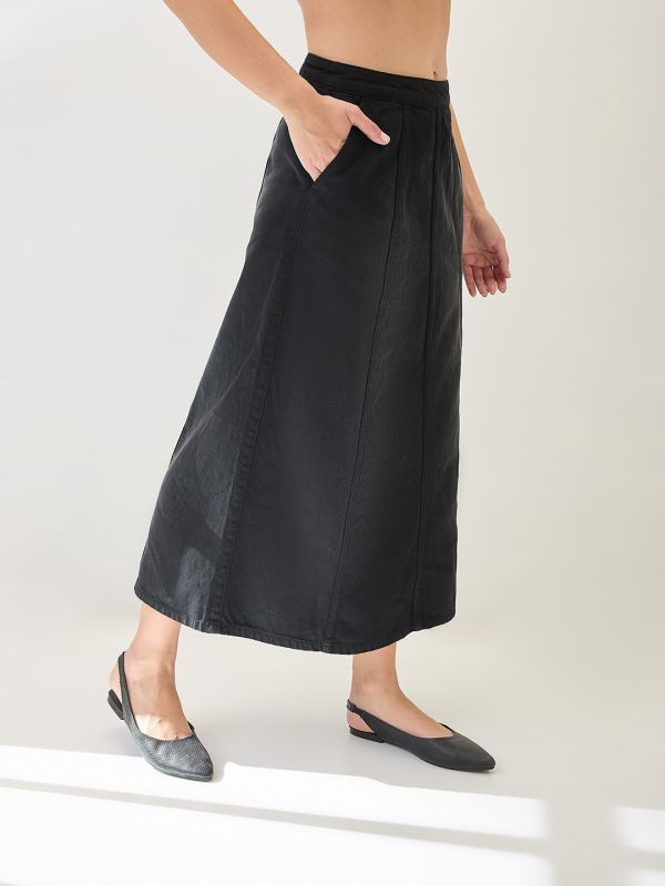 Globus Women Black Mid Rise Panelled A-Line Midi Denim Skirt