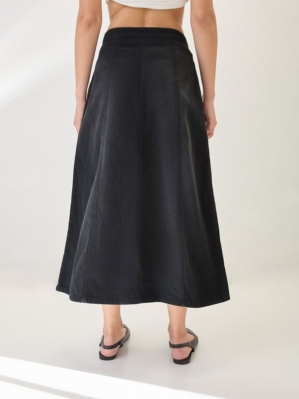Globus Women Black Mid Rise Panelled A-Line Midi Denim Skirt