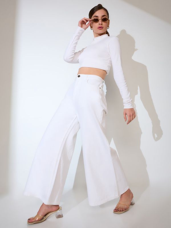 Globus Women White Cotton Solid Mid-Rise Super Flared Jeans