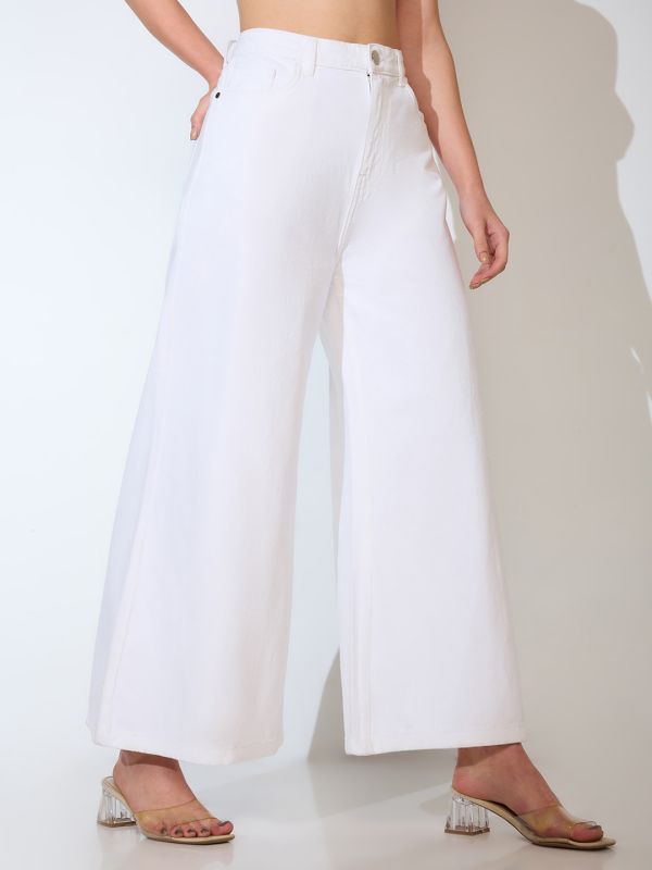 Globus Women White Cotton Solid Mid-Rise Super Flared Jeans