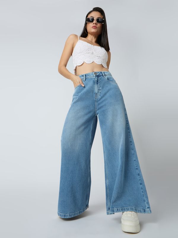 Globus Women Light Blue Cotton Solid Mid-Rise Super Flared Jeans