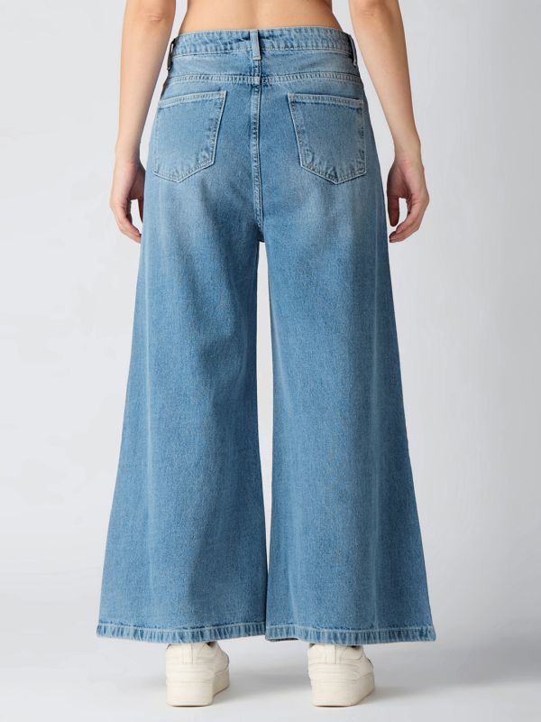 Globus Women Light Blue Cotton Solid Mid-Rise Super Flared Jeans