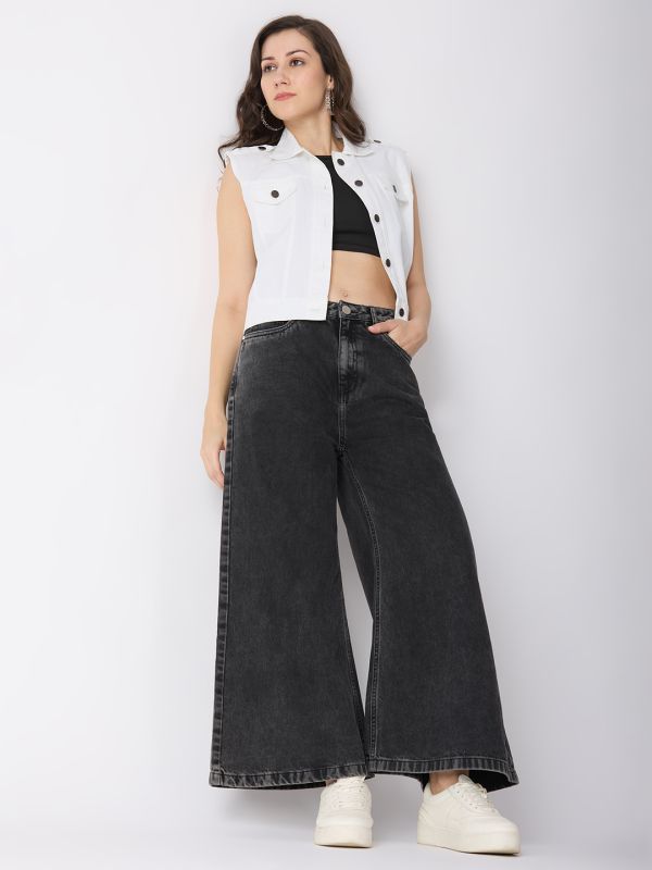 Globus Women Charcoal Cotton Solid Mid-Rise Super Flared Jeans