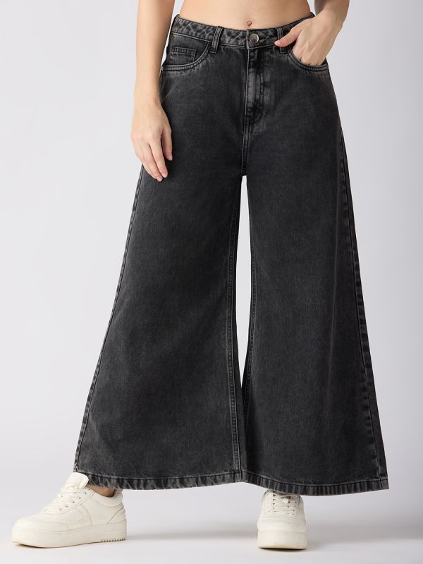 Globus Women Charcoal Cotton Solid Mid-Rise Super Flared Jeans