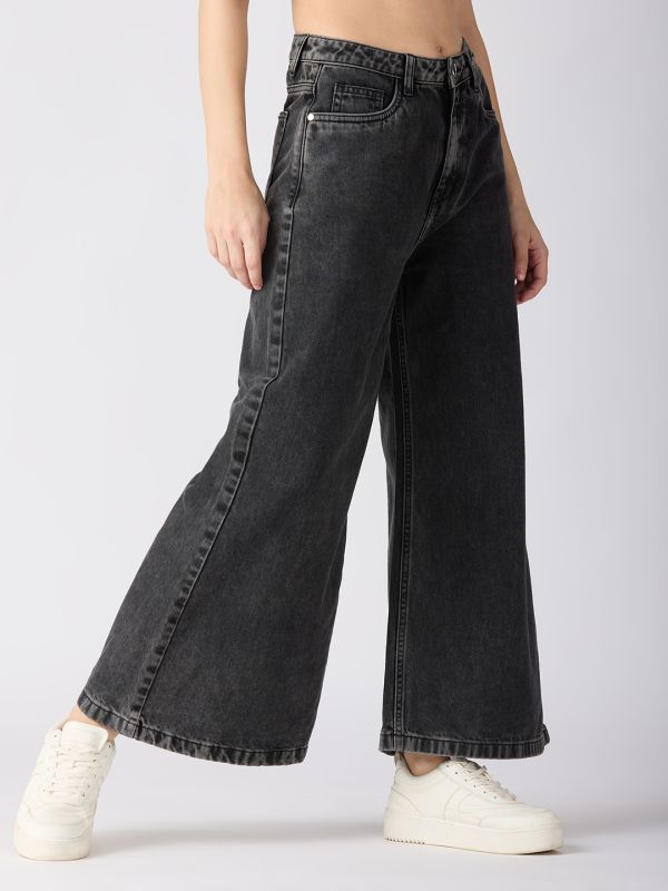 Globus Women Charcoal Cotton Solid Mid-Rise Super Flared Jeans