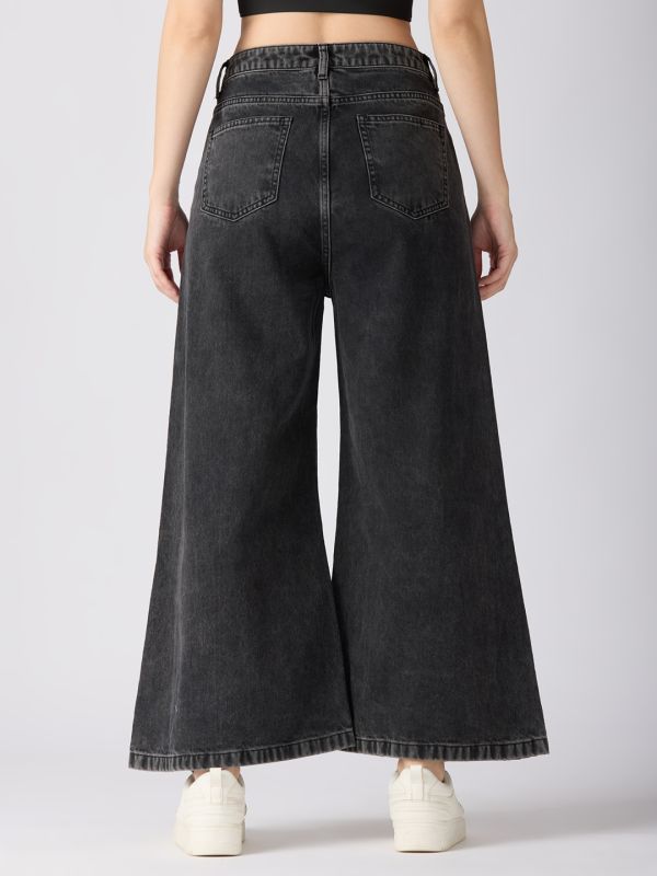 Globus Women Charcoal Cotton Solid Mid-Rise Super Flared Jeans