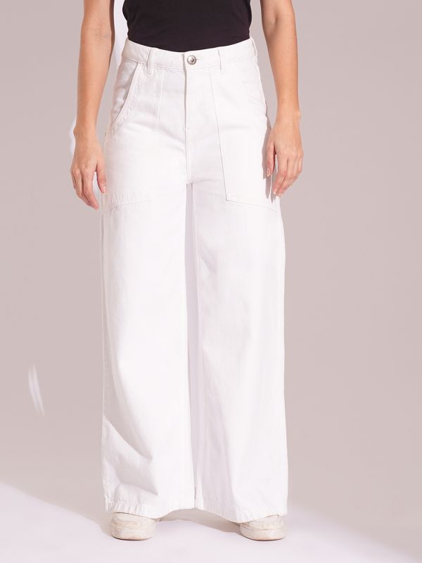 Globus Women White Cotton High Rise Wide Leg Jeans