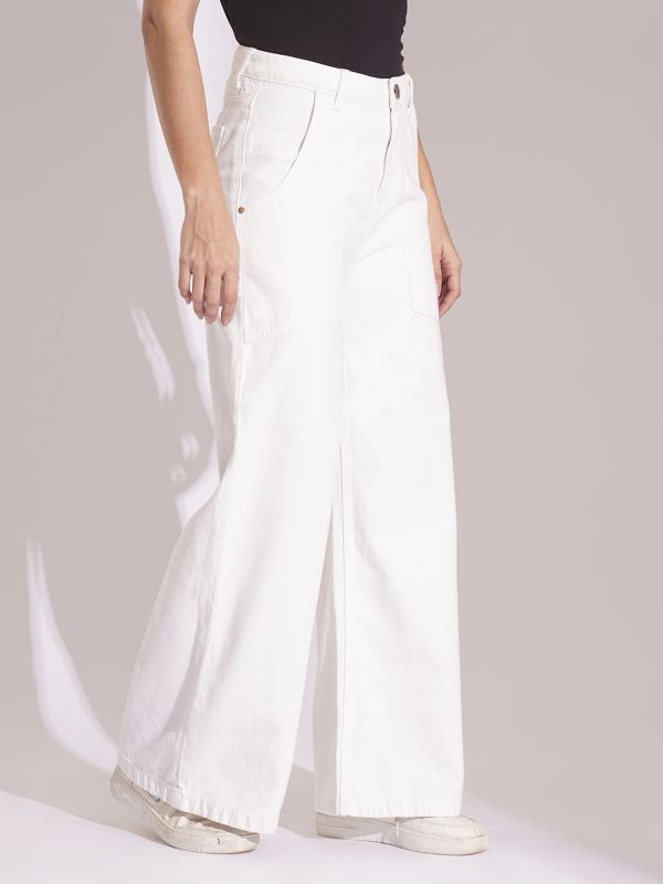 Globus Women White Cotton High Rise Wide Leg Jeans