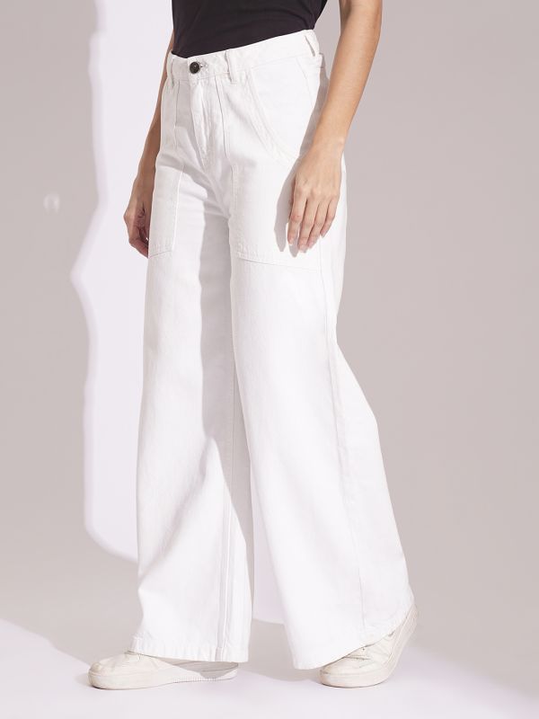 Globus Women White Cotton High Rise Wide Leg Jeans