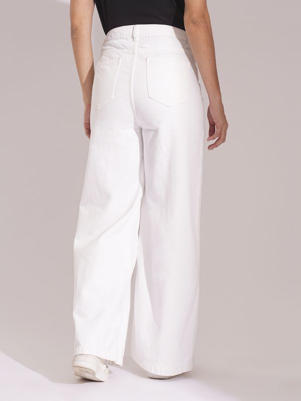 Globus Women White Cotton High Rise Wide Leg Jeans