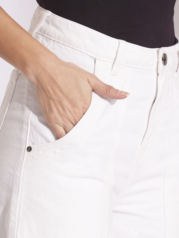 Globus Women White Cotton High Rise Wide Leg Jeans