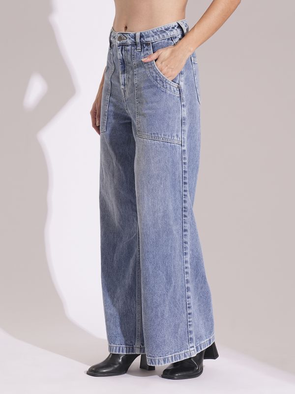 Globus Women Light Blue Cotton High Rise Whiskers Effect Wide Leg Jeans